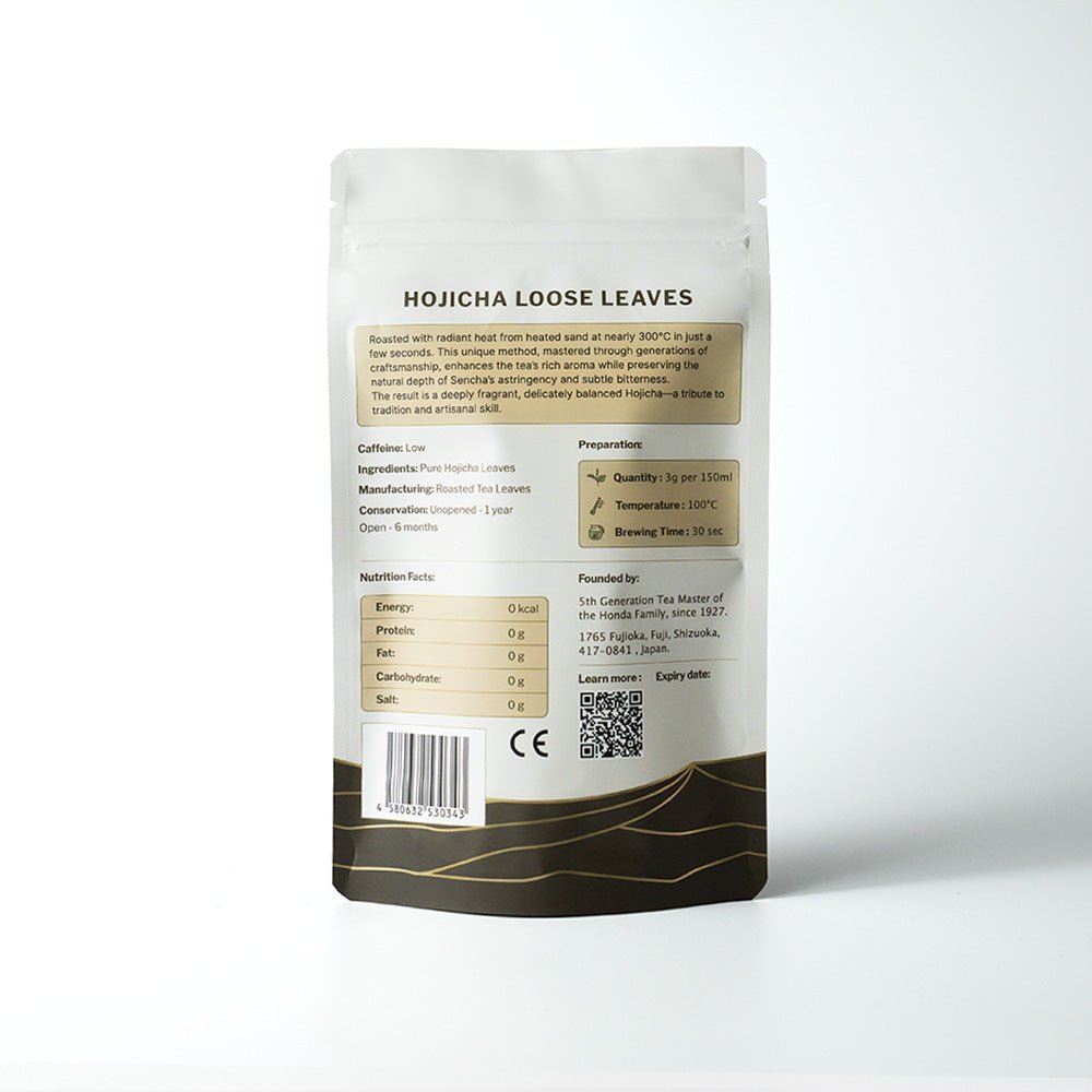 Hojicha loose leaves packaging with description and nutrition facts on a white background.