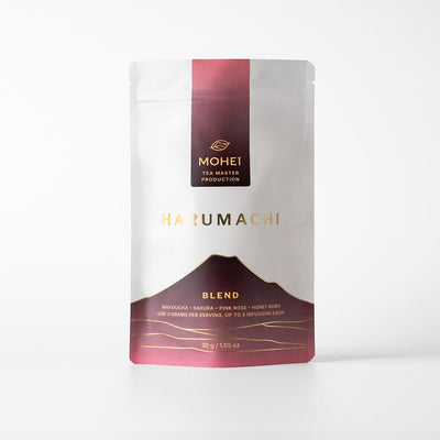 A package of Harumachi Sakura and Wakoucha Blend tea by MOHEI on a white background.