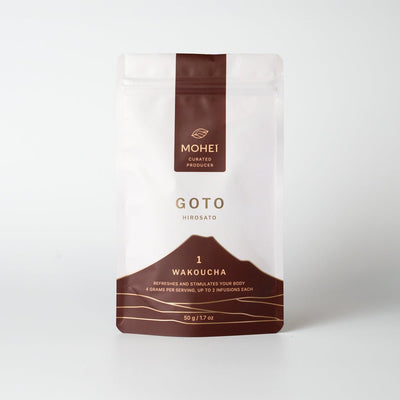 A package of Goto Japanese black tea with Mohei branding on a white background.