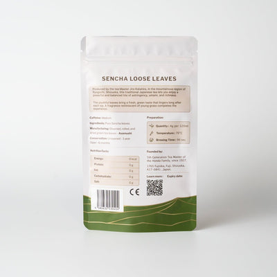 Packaging of Katahira Jiro Sencha loose leaves with nutritional facts and description on a white background