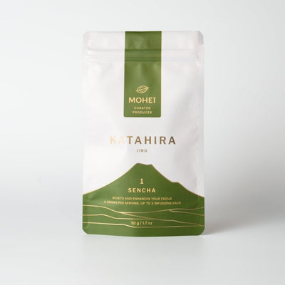 Katahira Jiro Sencha package with 'Mohei' branding on a light gray background
