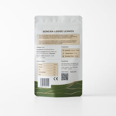 Packaging of Goraiko Sencha loose leaves with nutritional facts and description on a white background
