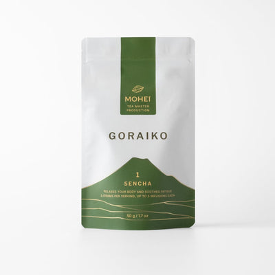 Goraiko Sencha package with 'Mohei' branding on a light gray background