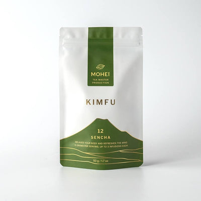 Kimfu Sencha package with 'Mohei' branding on a light gray background