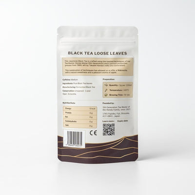 Packaging of Kurenai Japanese Black Tea loose leaves with nutritional facts and description on a white background