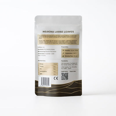 Packaging of Kokuyo Hojicha loose leaves with nutritional facts and description on a white background
