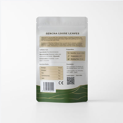 Packaging of Fujisan Sencha Loose Leaves with description and nutritional information on a white background