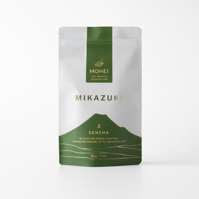 Mikazuki Sencha package with 'Mohei' branding on a light gray background