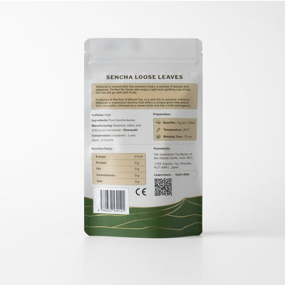 Packaging of Mikazuki Sencha loose leaves with nutritional facts and description on a white background