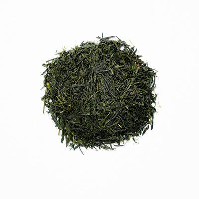 A pile of Gyokuro loose leaves on a white background