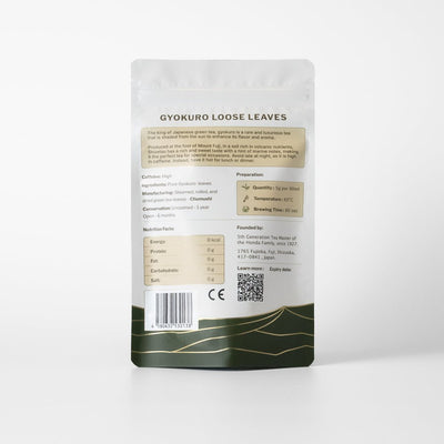 Packaging of Shizetsu Gyokuro loose leaves with nutritional facts and description on a white background