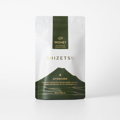 Shizetsu Japanese shaded green tea gyokuro package with 'Mohei' branding on a white background