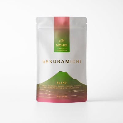 Sakuramichi Sakura and Sencha blend package with 'Mohei' branding on a light gray background