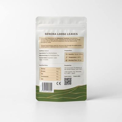 Packaging of Toshifumi Shibamoto Sencha loose leaves with nutritional facts and description on a white background