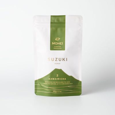 Suzuki Kenji Kamairicha package with 'Mohei' branding on a light gray background