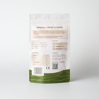 Packaging of Suzuki Kenji Kamairicha loose leaves with nutritional facts and description on a white background